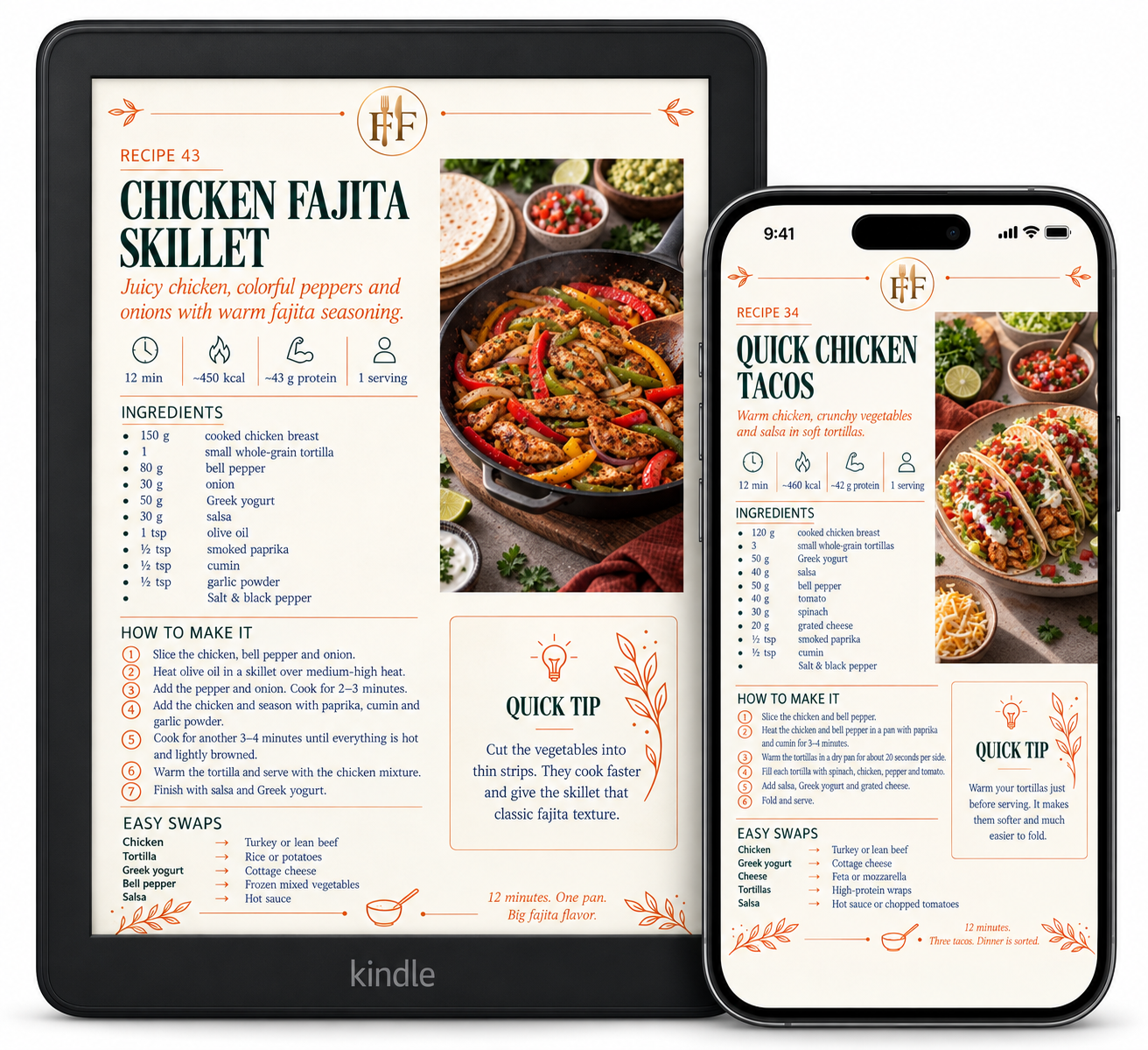 Two recipe pages from the cookbook shown on a Kindle and phone